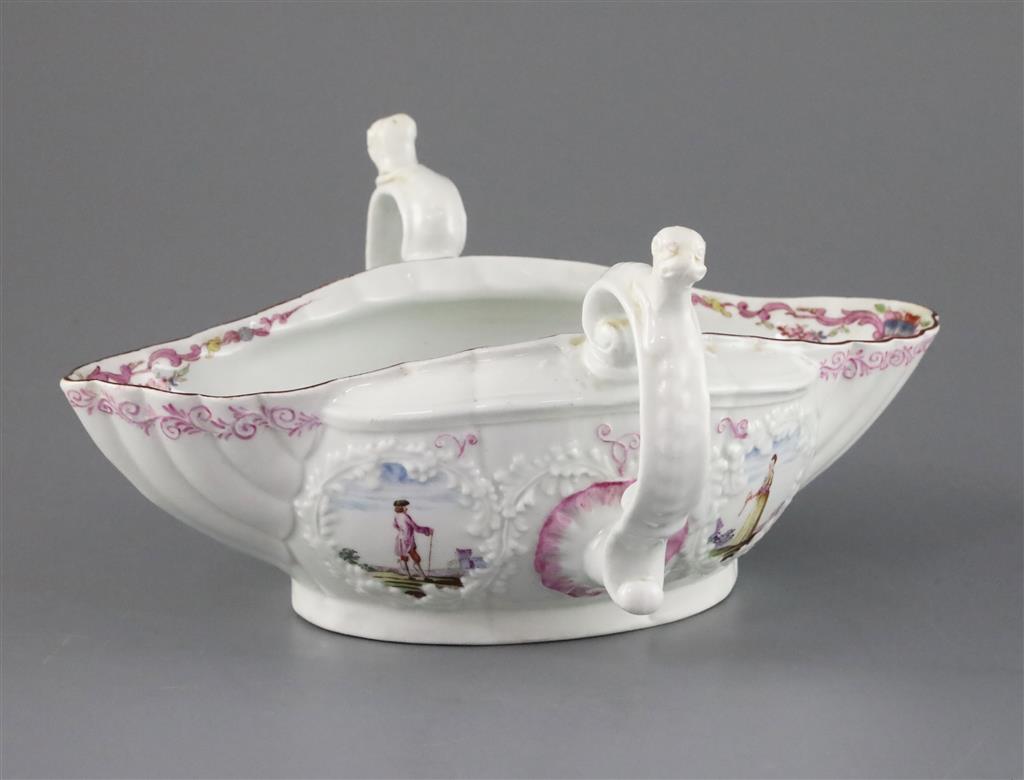 A very fine Worcester two-handled sauceboat, circa 1755-6, 21.9cm long